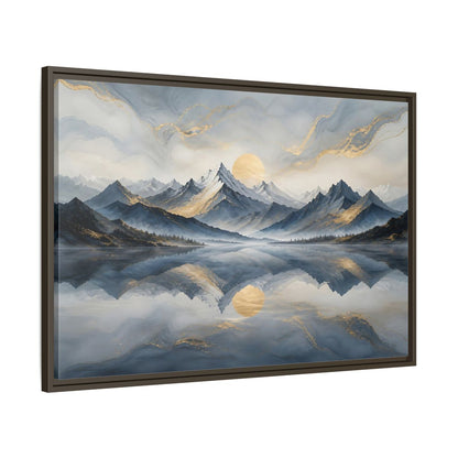 Main Mockup. Nature Mountains Blue Gold Landscape shown as stretched canvas wall art