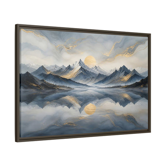 Main Mockup. Nature Mountains Blue Gold Landscape shown as stretched canvas wall art