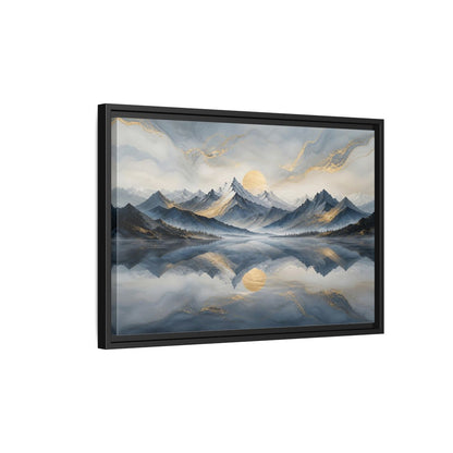 Side Mockup 3. Nature Mountains Blue Gold Landscape shown as stretched canvas wall art