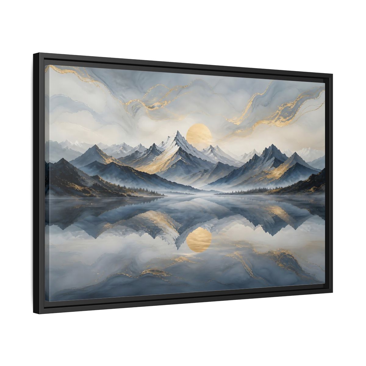 Side Mockup 14. Nature Mountains Blue Gold Landscape shown as stretched canvas wall art
