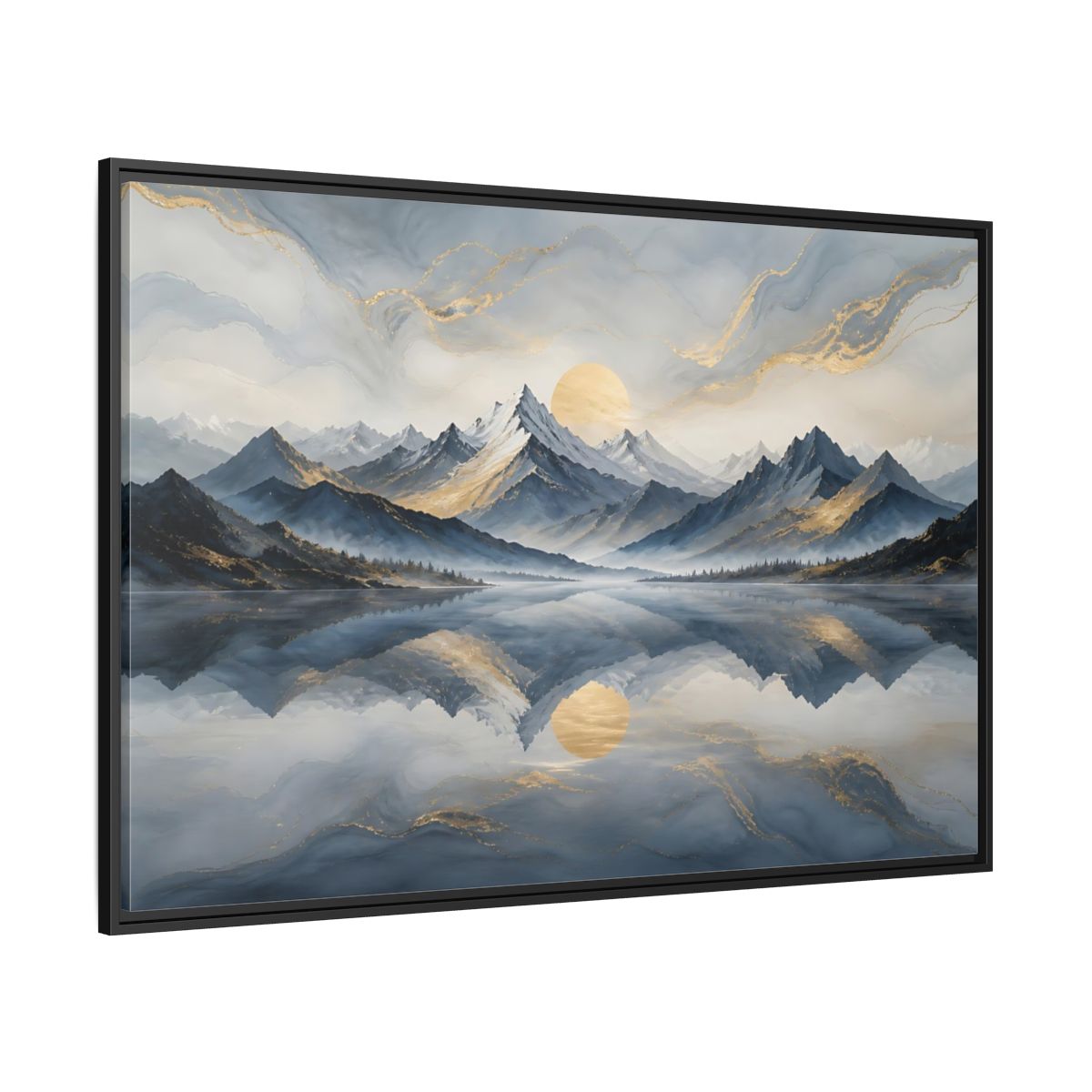 Side Mockup 12. Nature Mountains Blue Gold Landscape shown as stretched canvas wall art