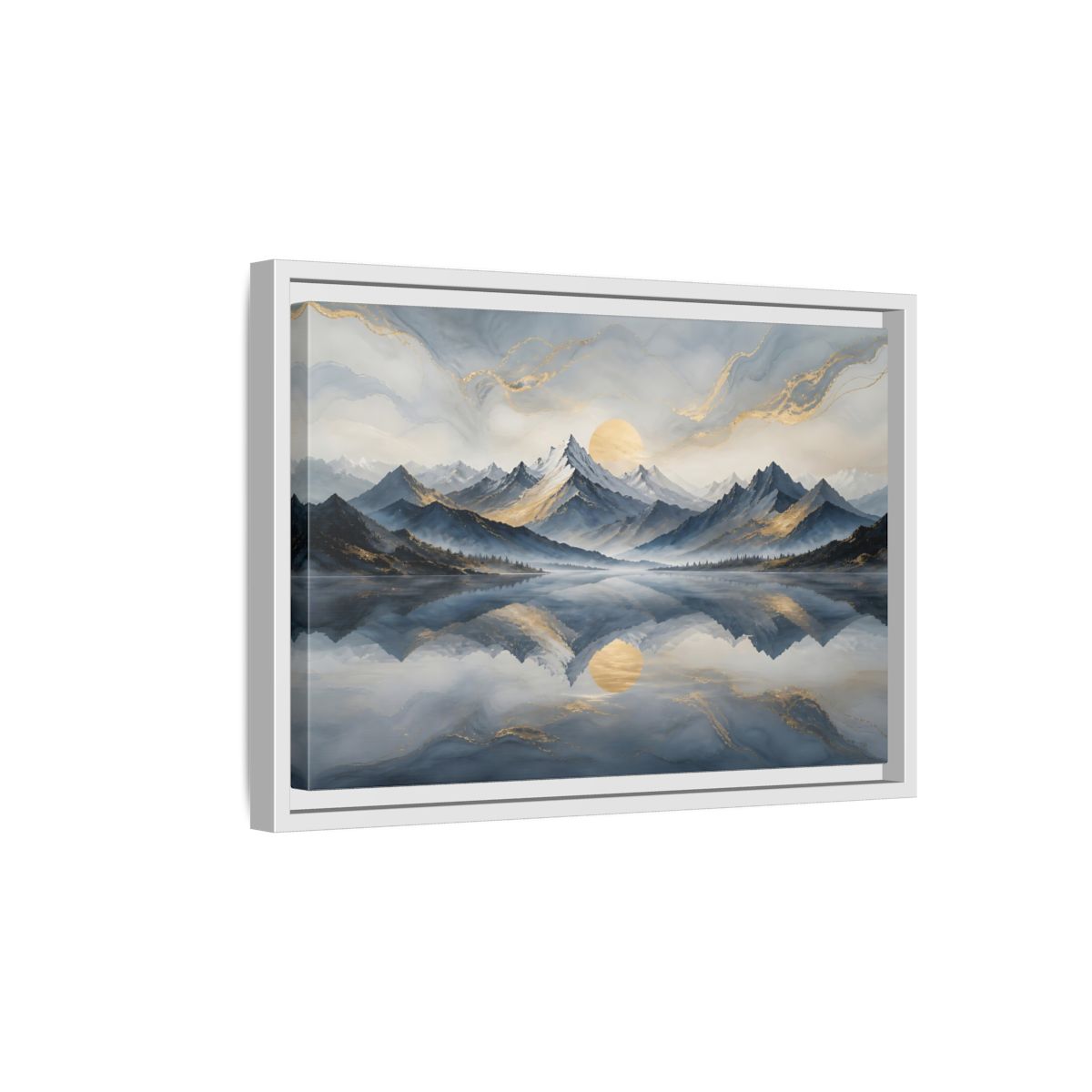 Side Mockup 4. Nature Mountains Blue Gold Landscape shown as stretched canvas wall art