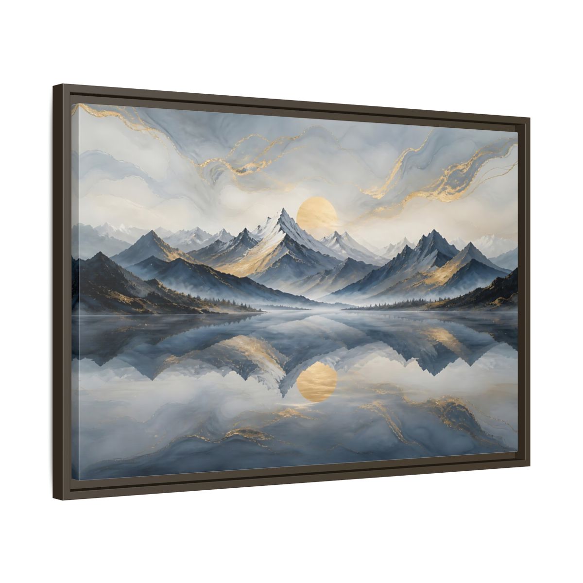 Side Mockup 11. Nature Mountains Blue Gold Landscape shown as stretched canvas wall art