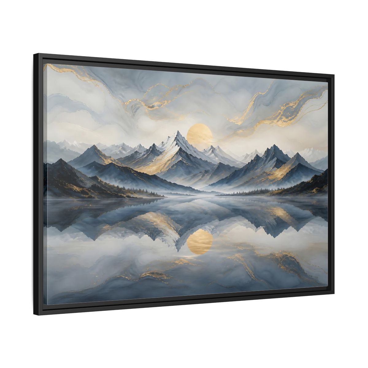 Side Mockup 13. Nature Mountains Blue Gold Landscape shown as stretched canvas wall art