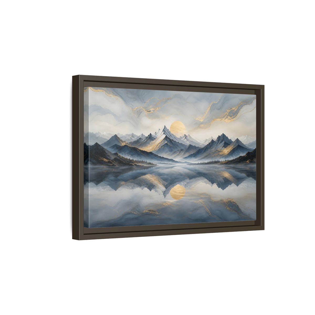 Side Mockup 5. Nature Mountains Blue Gold Landscape shown as stretched canvas wall art