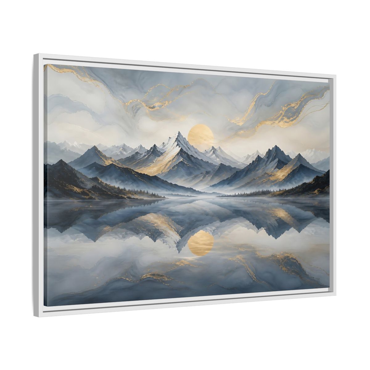 Side Mockup 9. Nature Mountains Blue Gold Landscape shown as stretched canvas wall art