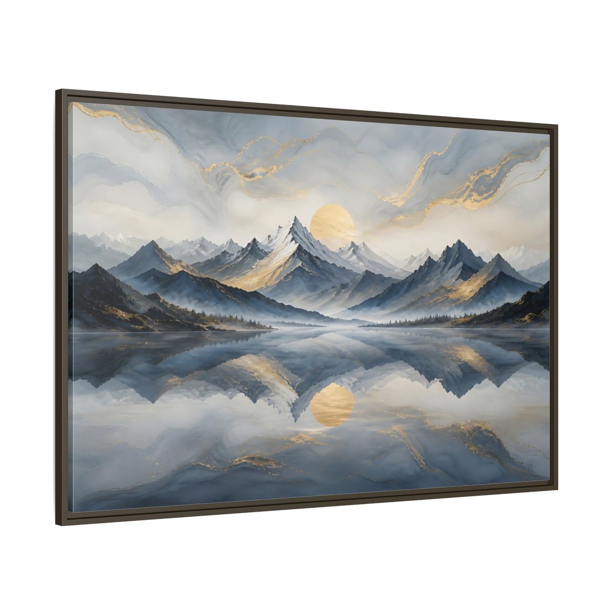Side Mockup 8. Nature Mountains Blue Gold Landscape shown as stretched canvas wall art