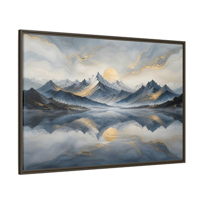 Side Mockup 8. Nature Mountains Blue Gold Landscape shown as stretched canvas wall art