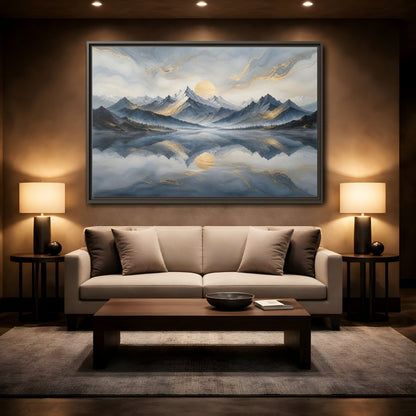 Mockup 2. Nature Mountains Blue Gold Landscape shown as stretched canvas wall art
