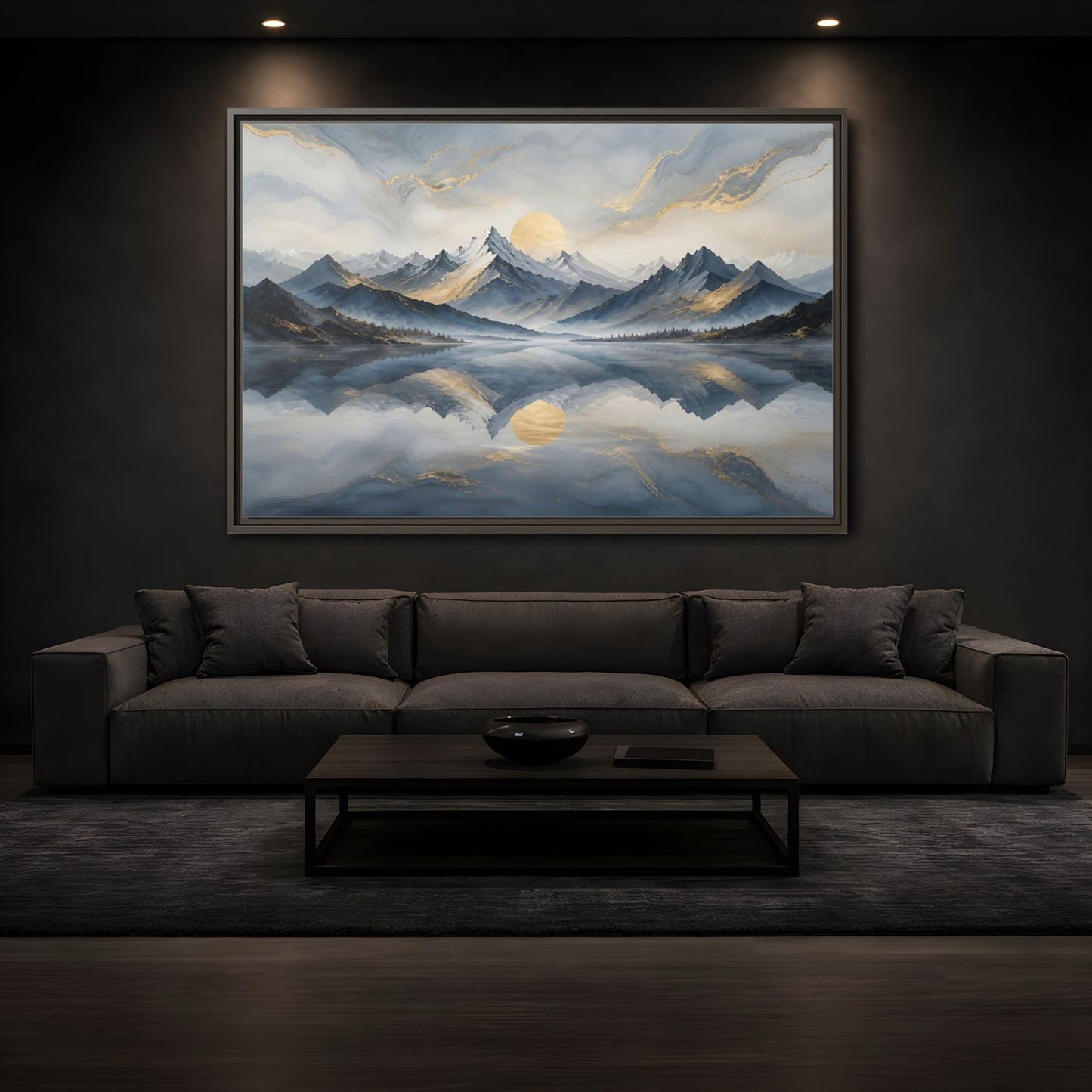 Mockup 3. Nature Mountains Blue Gold Landscape shown as stretched canvas wall art