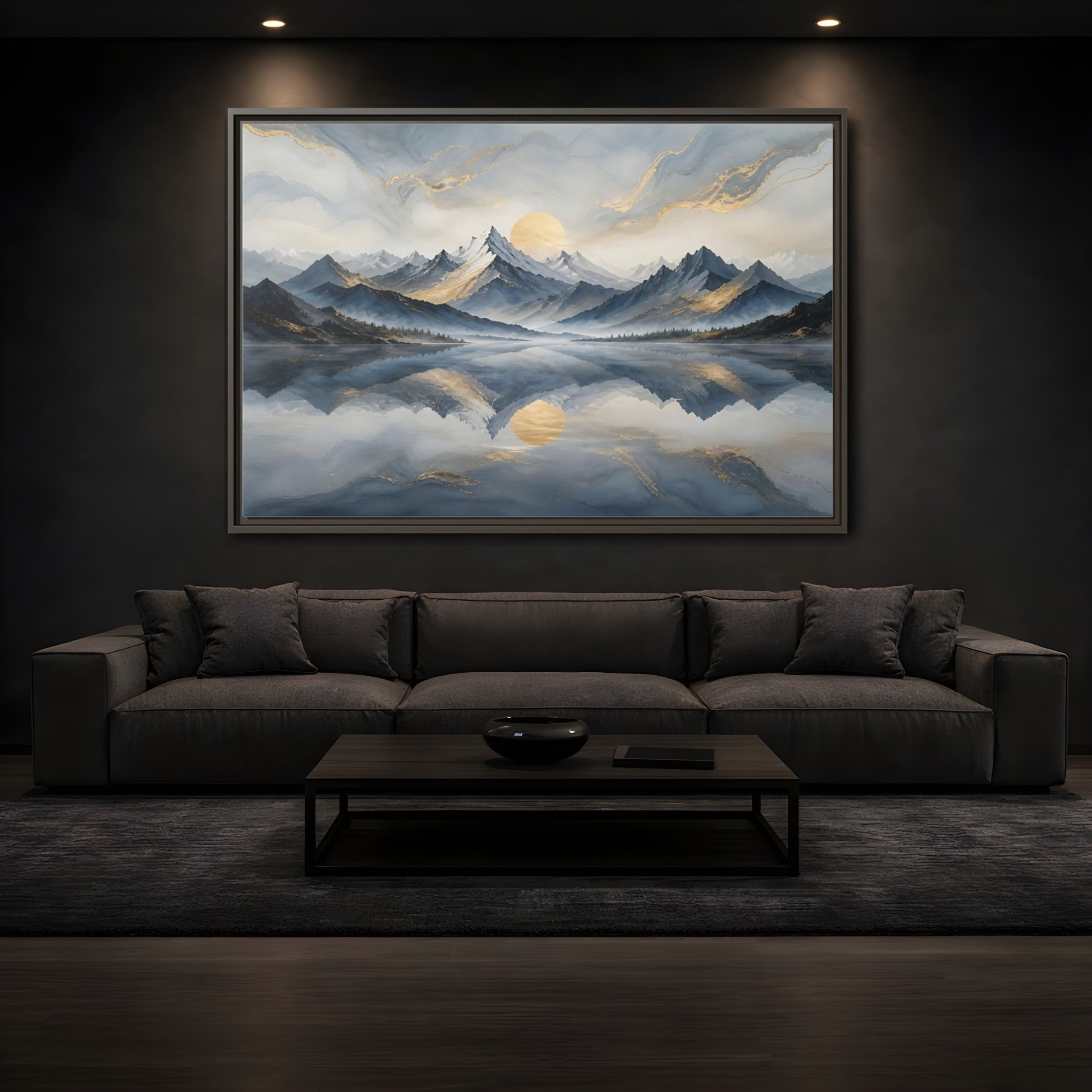 Mockup 3. Nature Mountains Blue Gold Landscape shown as stretched canvas wall art