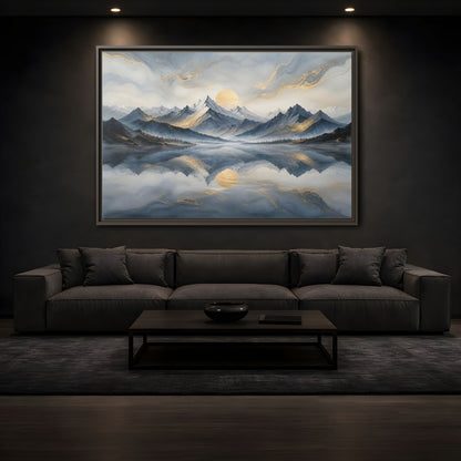 Mockup 3. Nature Mountains Blue Gold Landscape shown as stretched canvas wall art