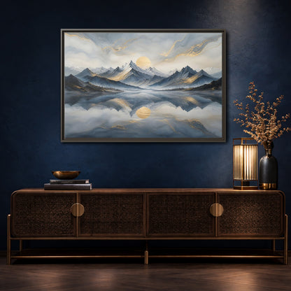 Mockup 4. Nature Mountains Blue Gold Landscape shown as stretched canvas wall art