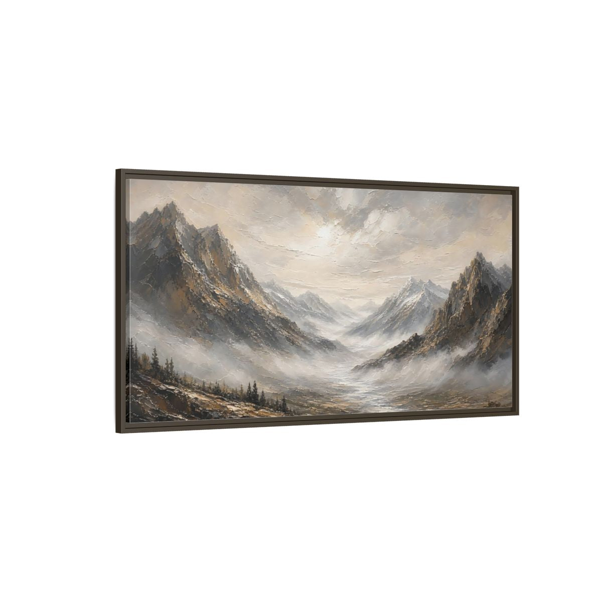 Side Mockup 4. Nature Mountains Brown And Grey shown as stretched canvas wall art