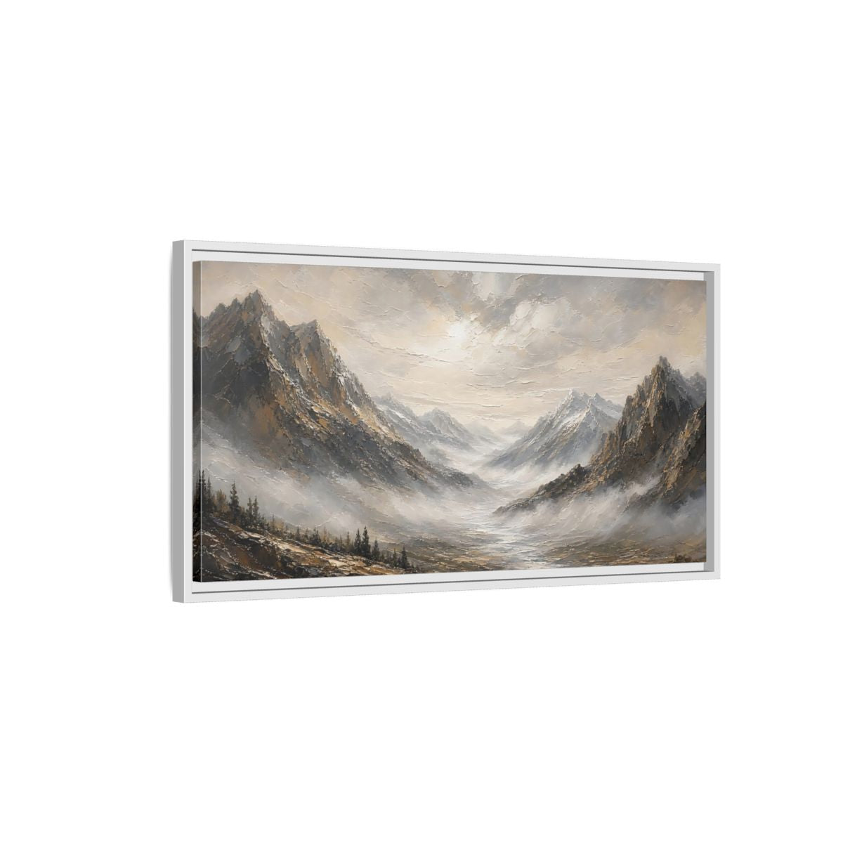 Side Mockup 1. Nature Mountains Brown And Grey shown as stretched canvas wall art