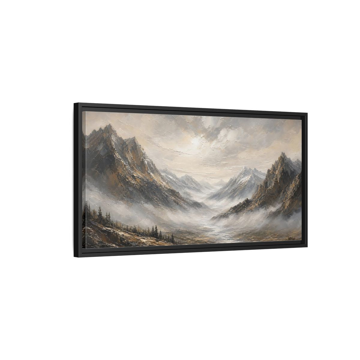 Side Mockup 2. Nature Mountains Brown And Grey shown as stretched canvas wall art