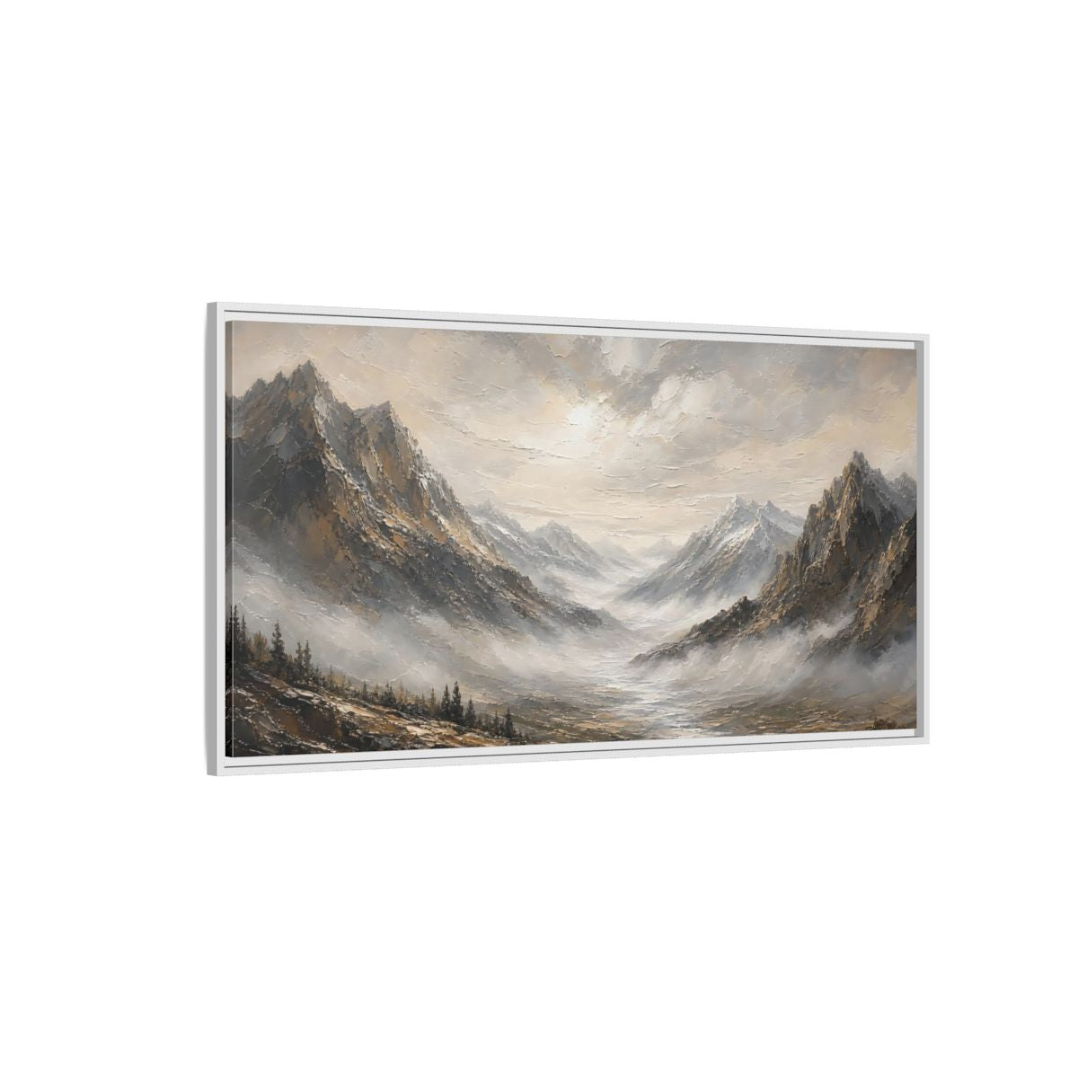 Side Mockup 3. Nature Mountains Brown And Grey shown as stretched canvas wall art