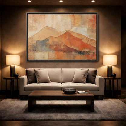 Mockup 2. Nature Mountains Brown And Orange shown as stretched canvas wall art