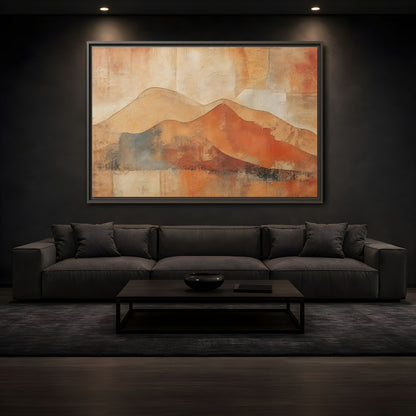 Mockup 3. Nature Mountains Brown And Orange shown as stretched canvas wall art