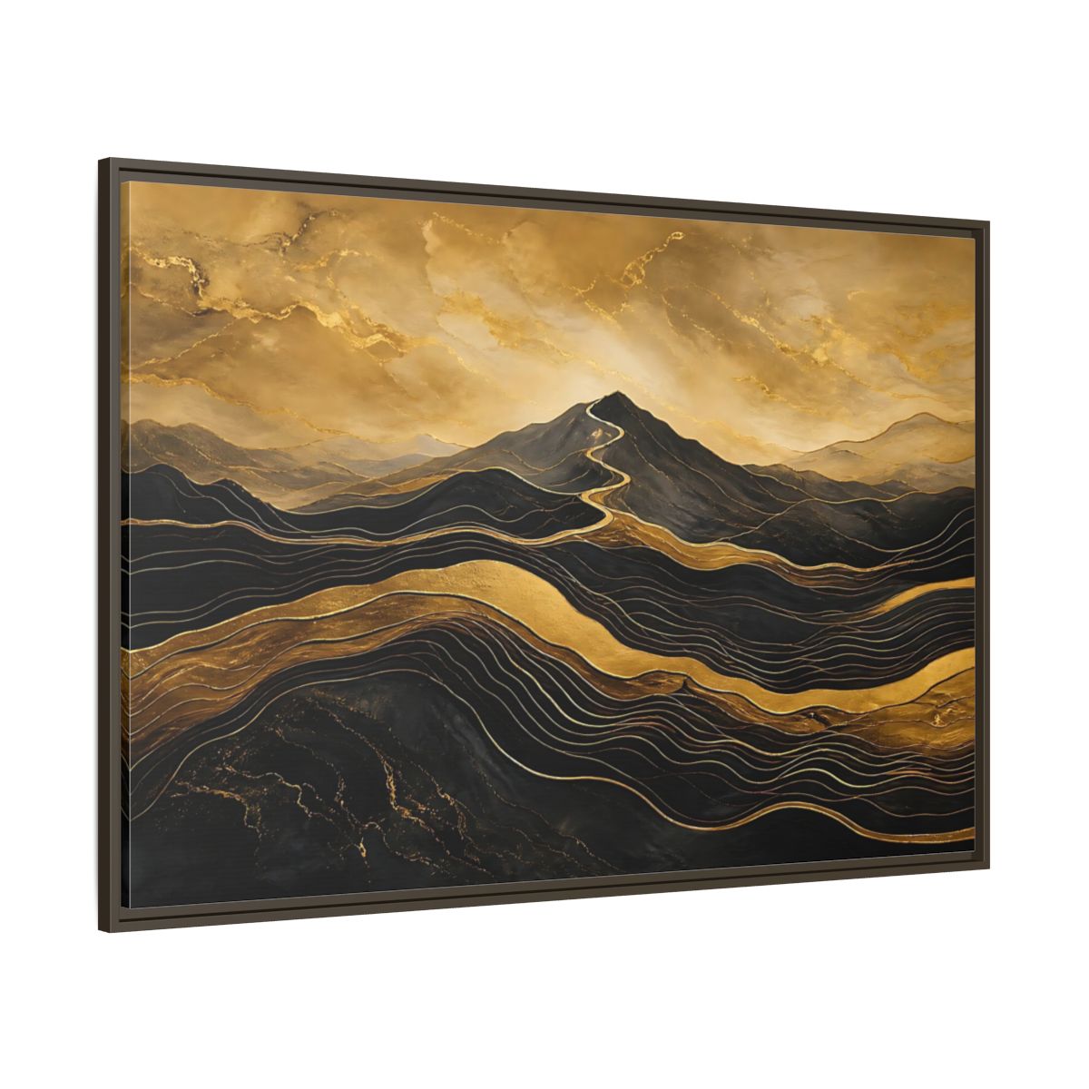 Side Mockup 8. Nature Mountains Gold Black Mountains shown as stretched canvas wall art