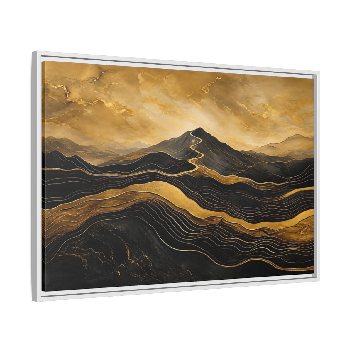 Side Mockup 9. Nature Mountains Gold Black Mountains shown as stretched canvas wall art