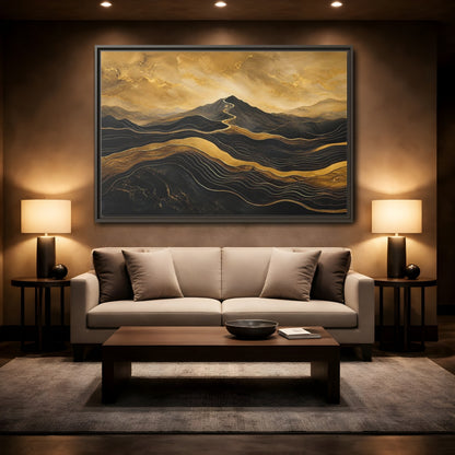 Mockup 2. Nature Mountains Gold Black Mountains shown as stretched canvas wall art
