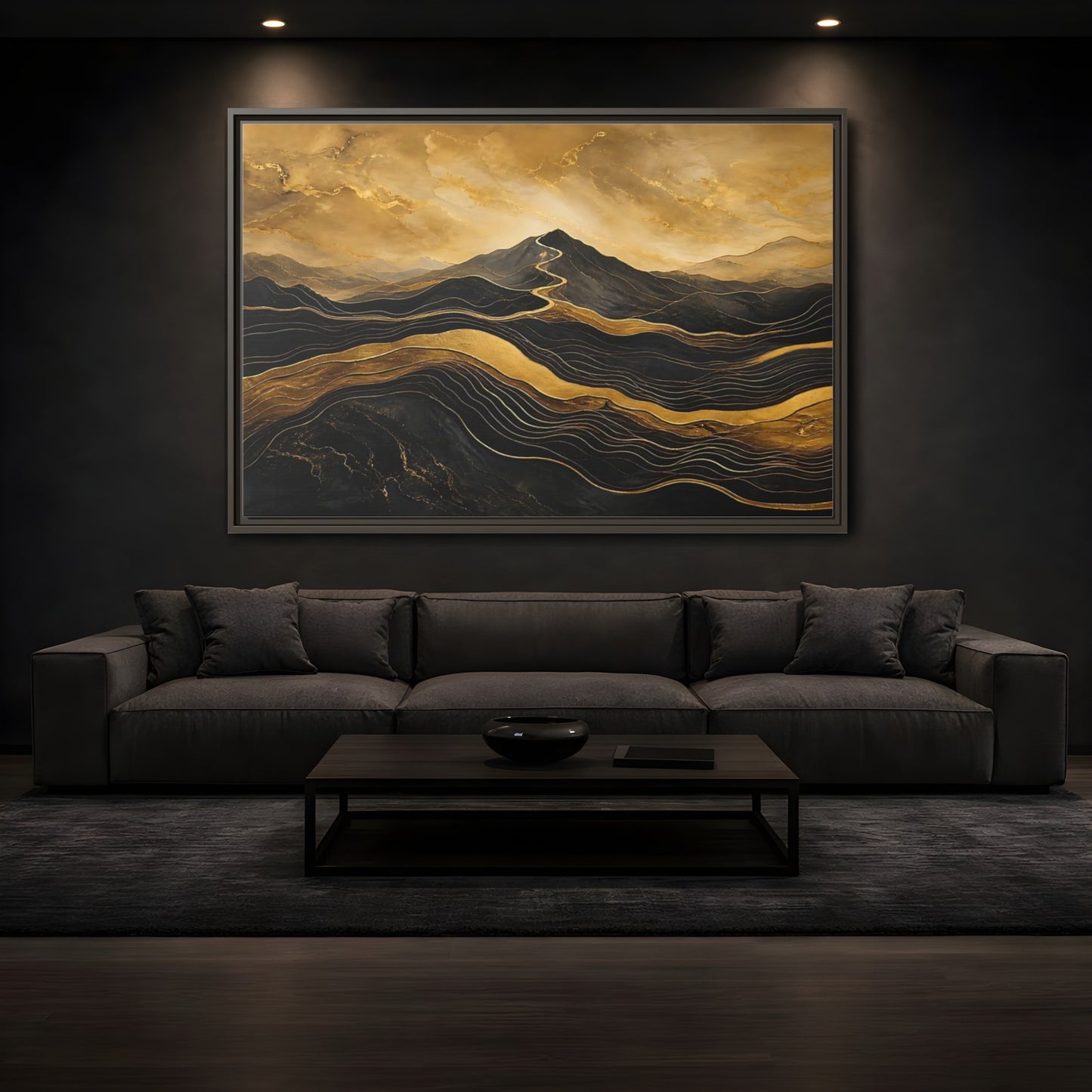 Mockup 3. Nature Mountains Gold Black Mountains shown as stretched canvas wall art