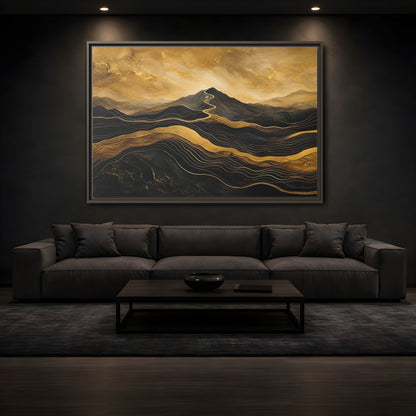 Mockup 3. Nature Mountains Gold Black Mountains shown as stretched canvas wall art