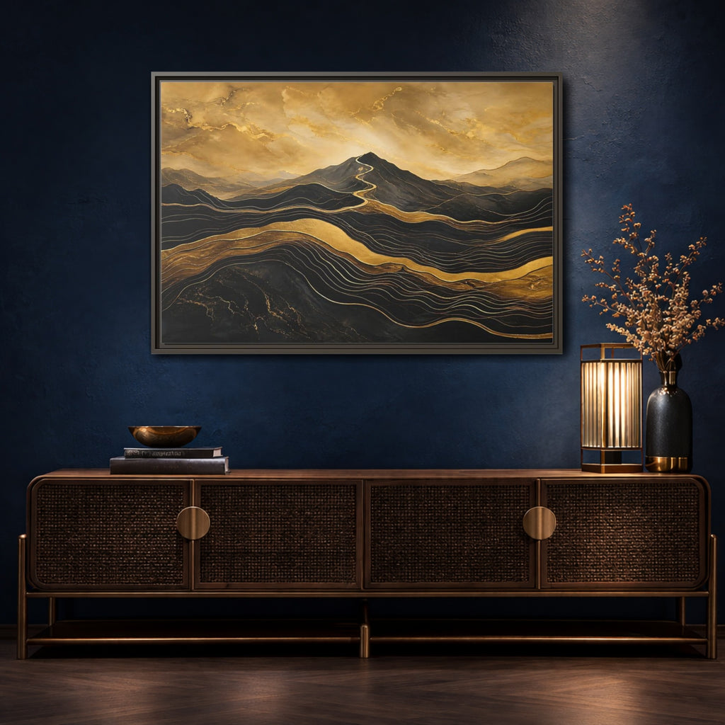 Mockup 4. Nature Mountains Gold Black Mountains shown as stretched canvas wall art