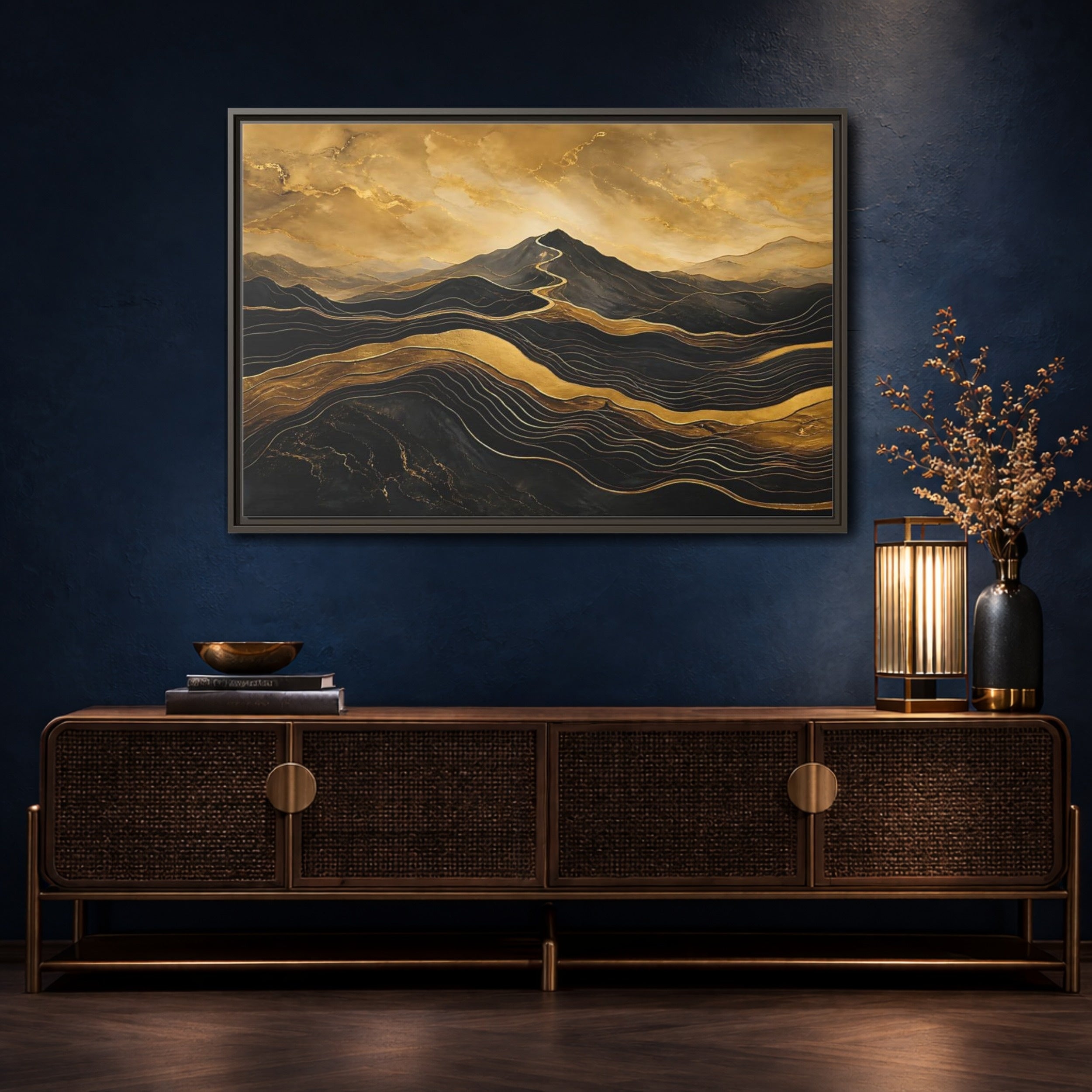 Mockup 4. Nature Mountains Gold Black Mountains shown as stretched canvas wall art