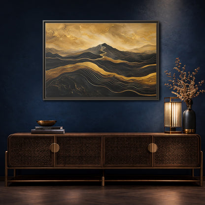 Mockup 4. Nature Mountains Gold Black Mountains shown as stretched canvas wall art