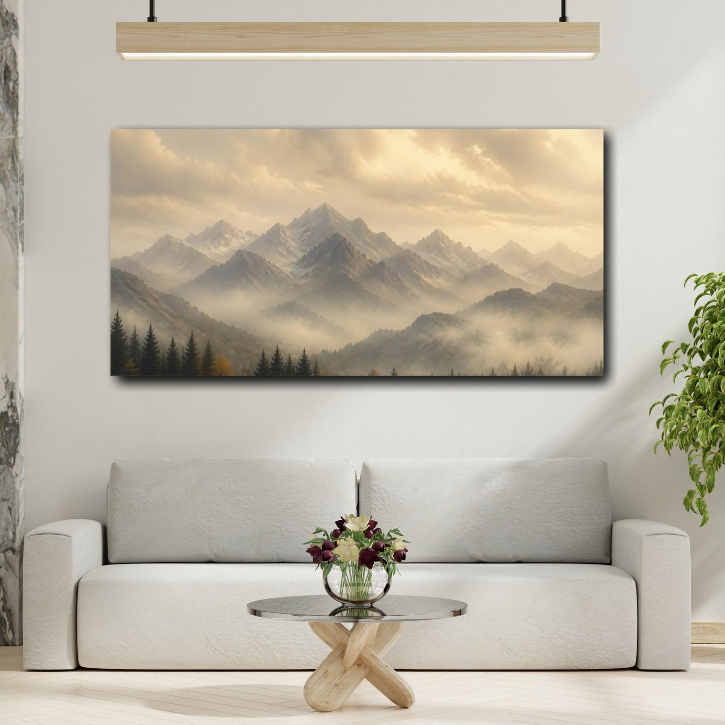 Mockup 2. Nature Mountains Golden Haze Landscape shown as stretched canvas wall art