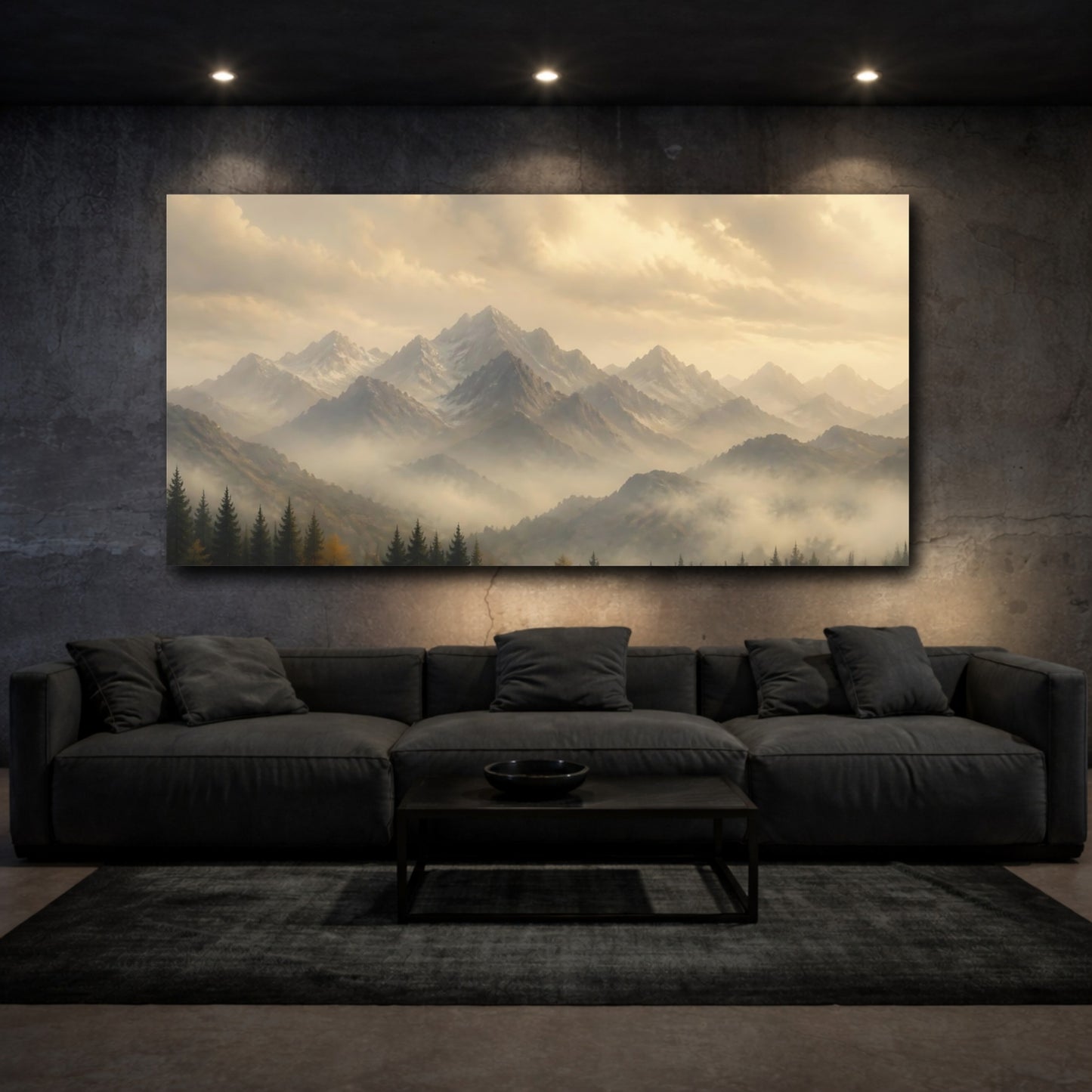 Mockup 3. Nature Mountains Golden Haze Landscape shown as stretched canvas wall art