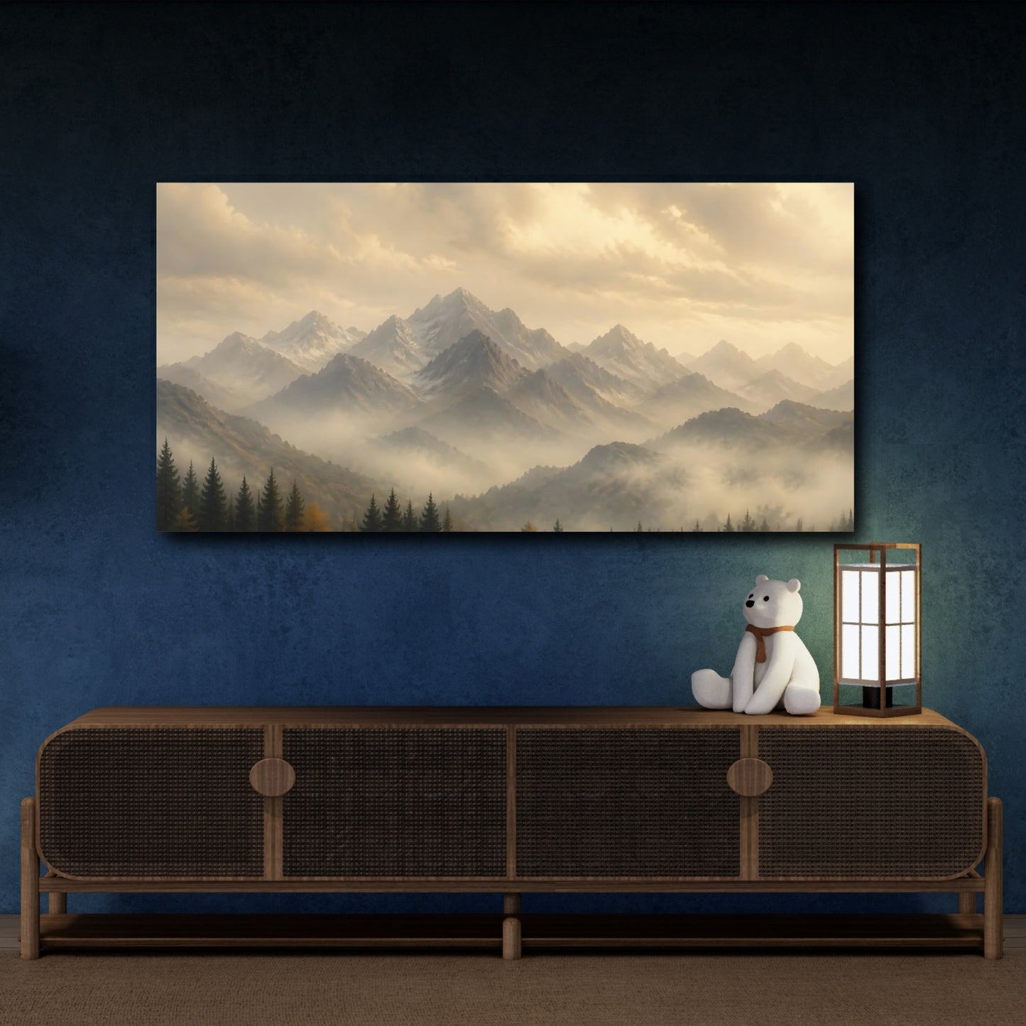 Mockup 4. Nature Mountains Golden Haze Landscape shown as stretched canvas wall art