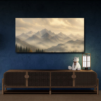 Mockup 4. Nature Mountains Golden Haze Landscape shown as stretched canvas wall art