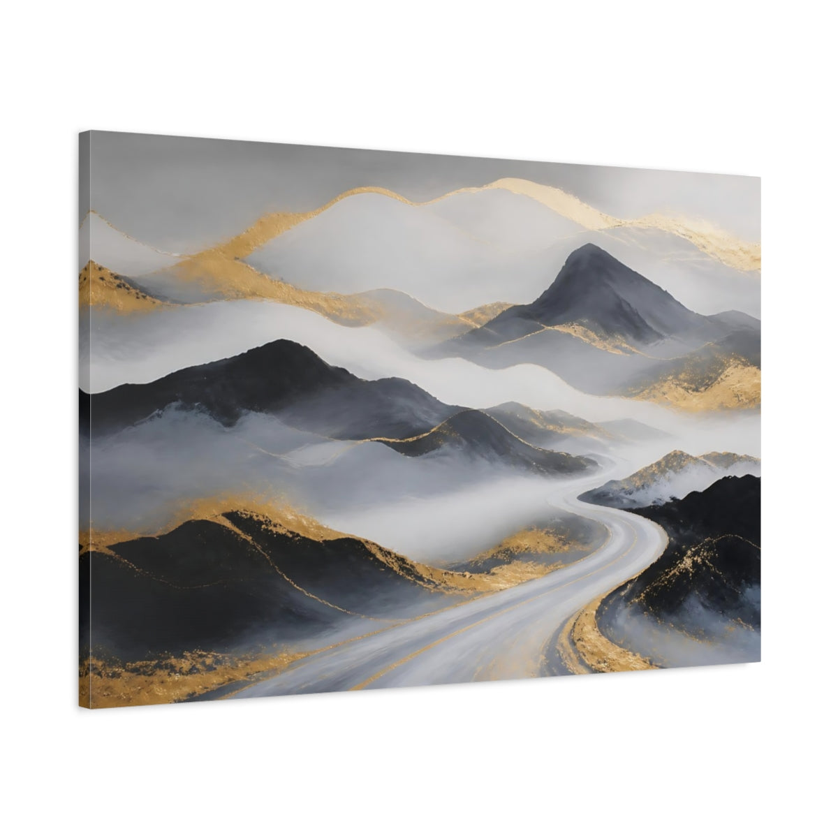 Main Mockup. Nature Mountains Grey Gold Mountains shown as stretched canvas wall art