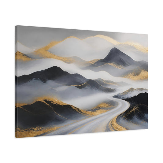 Main Mockup. Nature Mountains Grey Gold Mountains shown as stretched canvas wall art