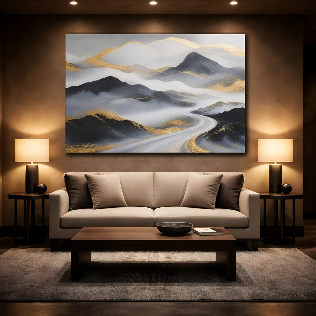 Mockup 2. Nature Mountains Grey Gold Mountains shown as stretched canvas wall art