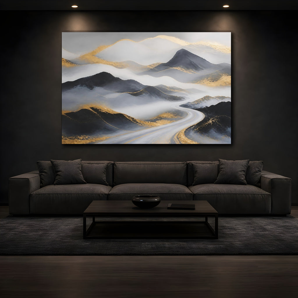 Mockup 3. Nature Mountains Grey Gold Mountains shown as stretched canvas wall art