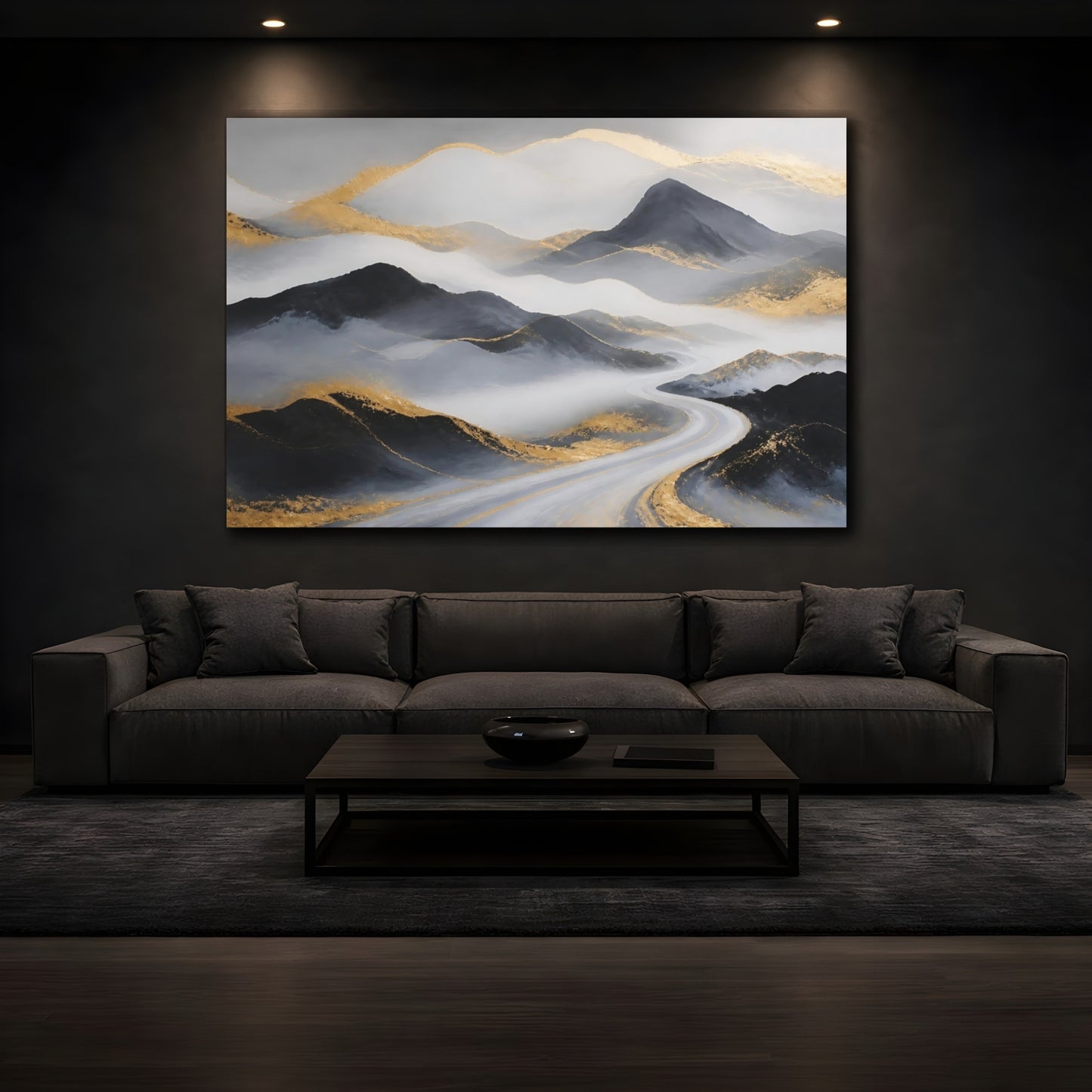 Mockup 3. Nature Mountains Grey Gold Mountains shown as stretched canvas wall art