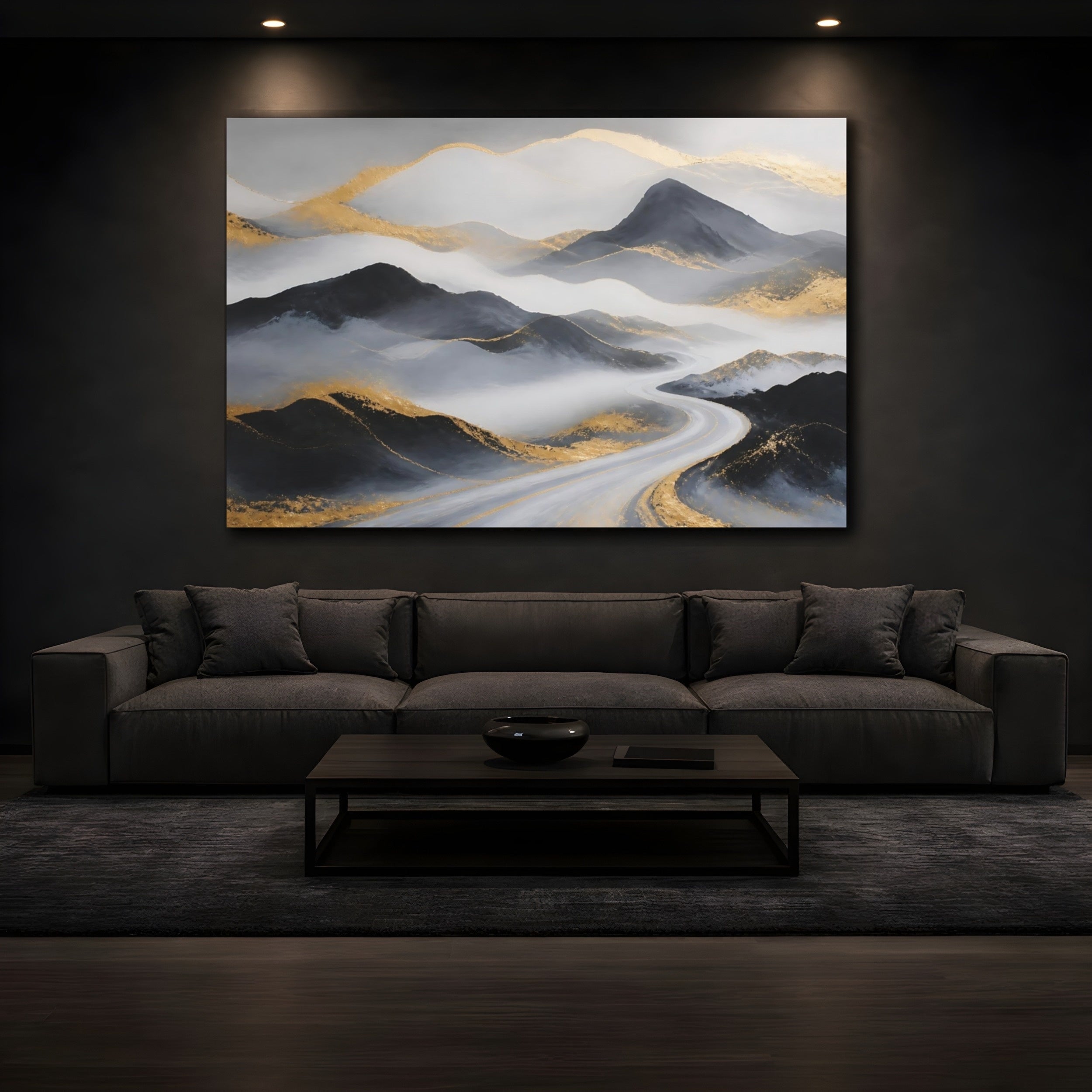 Mockup 3. Nature Mountains Grey Gold Mountains shown as stretched canvas wall art