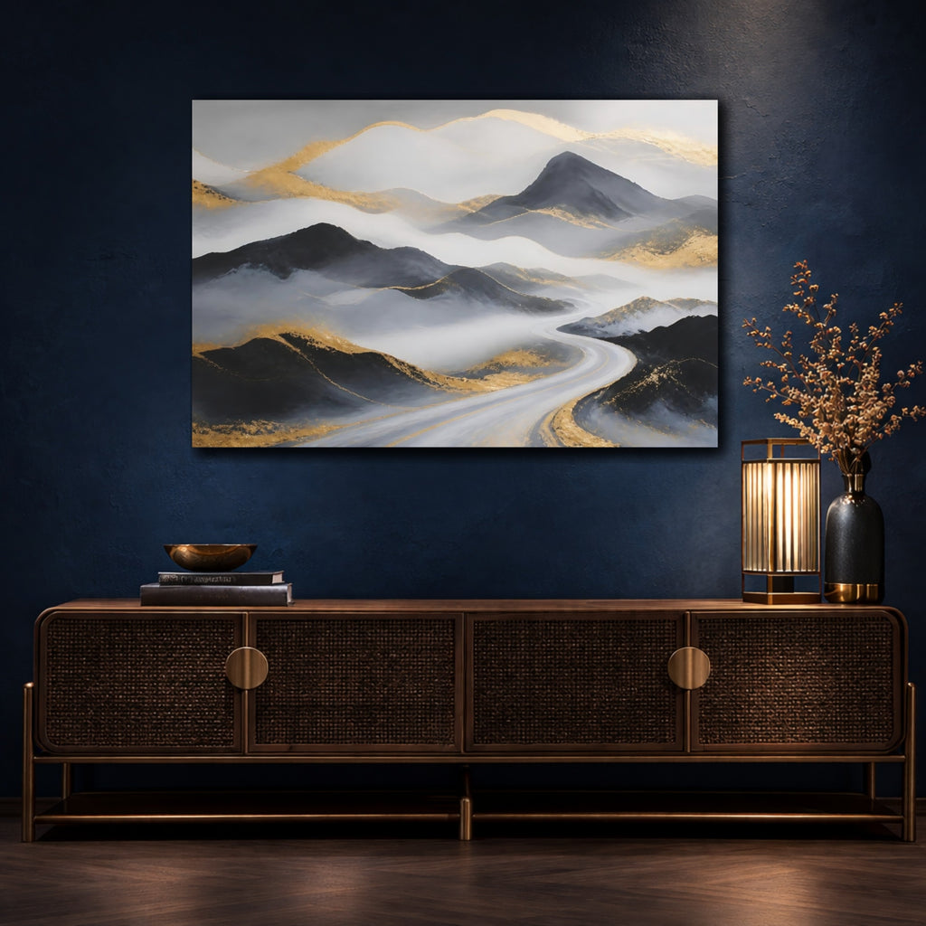 Mockup 4. Nature Mountains Grey Gold Mountains shown as stretched canvas wall art