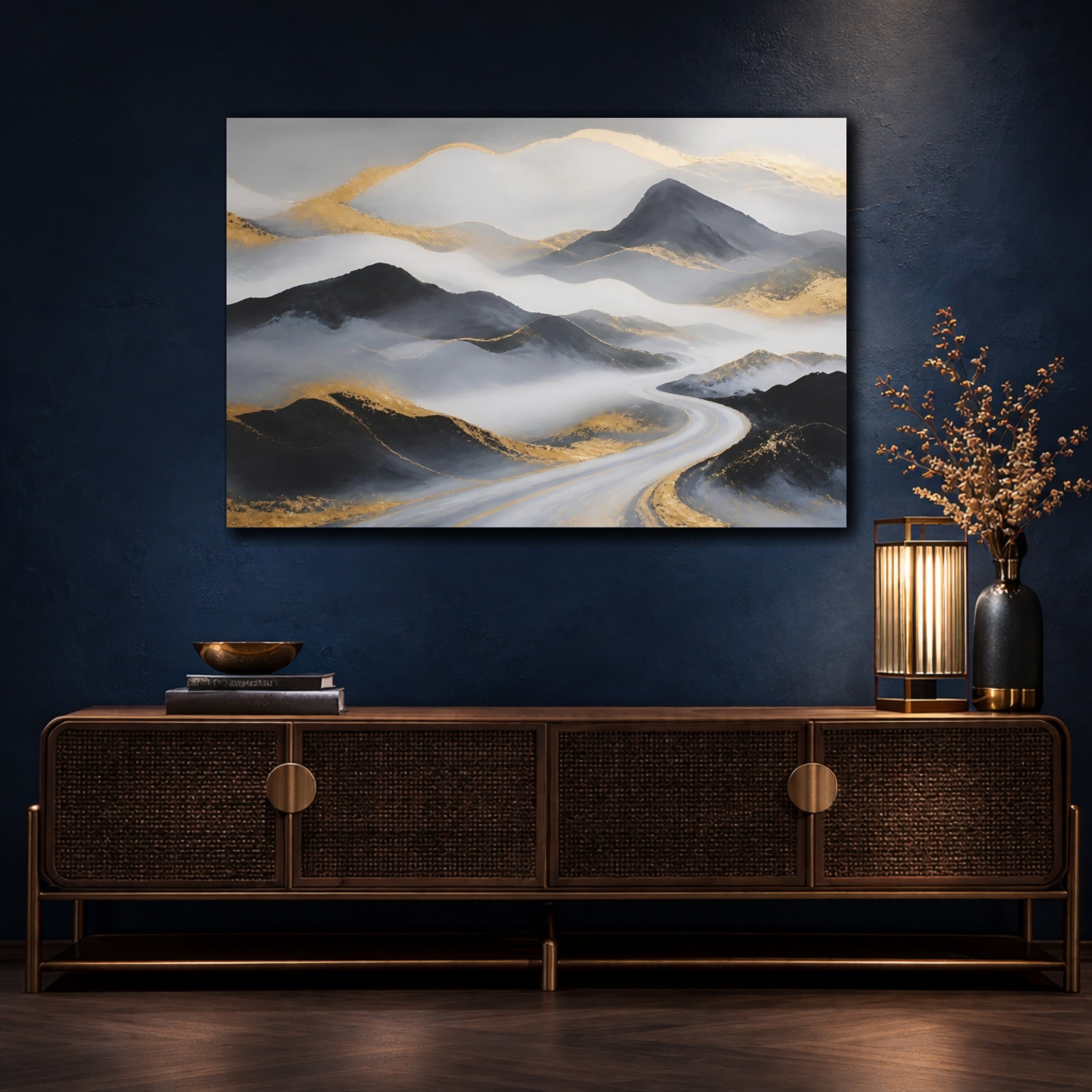 Mockup 4. Nature Mountains Grey Gold Mountains shown as stretched canvas wall art