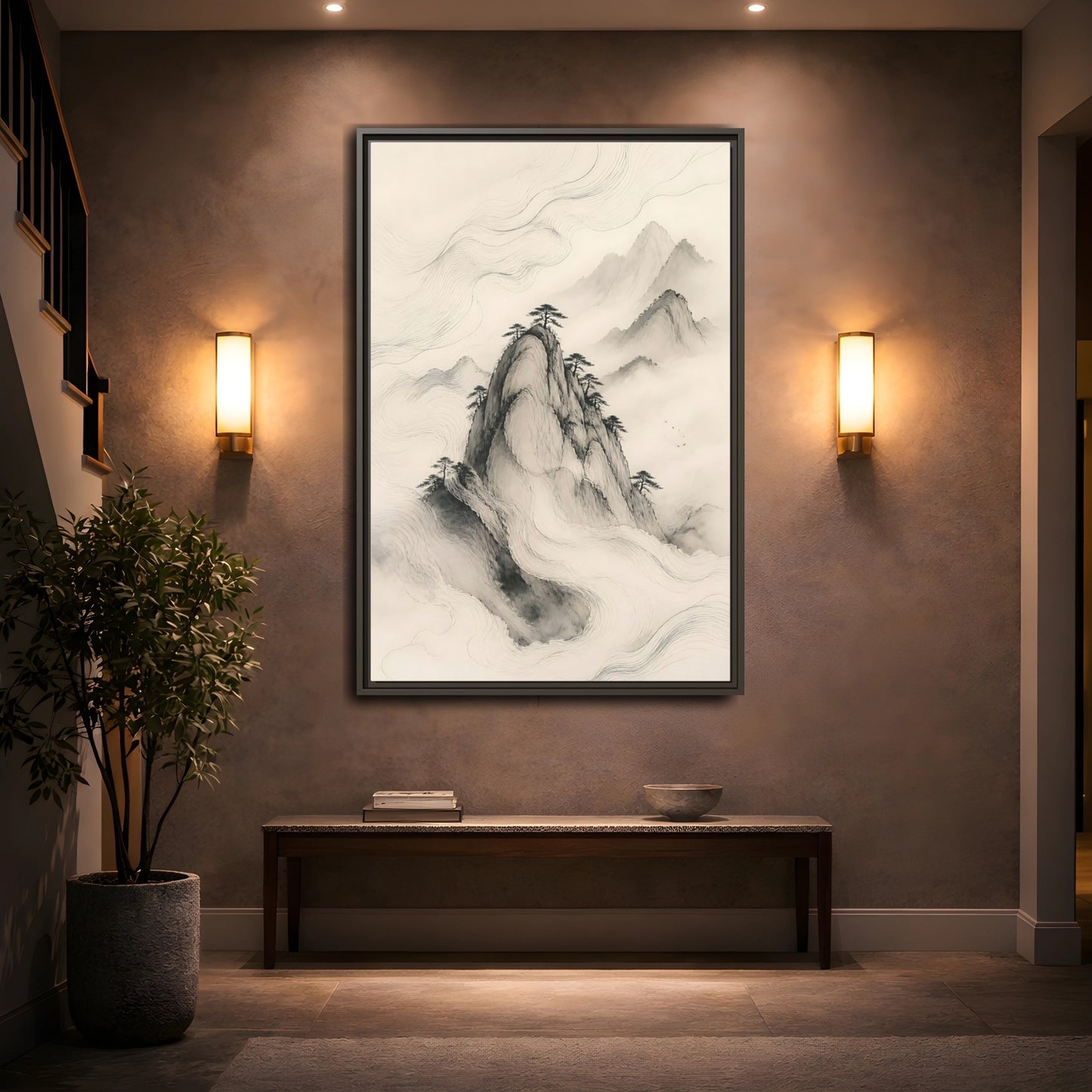 Mockup 2. Nature Mountains Monochrome Mountains shown as stretched canvas wall art