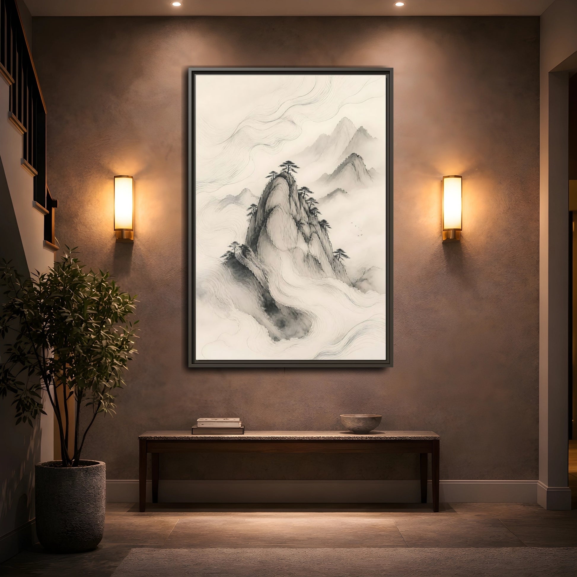 Mockup 2. Nature Mountains Monochrome Mountains shown as stretched canvas wall art