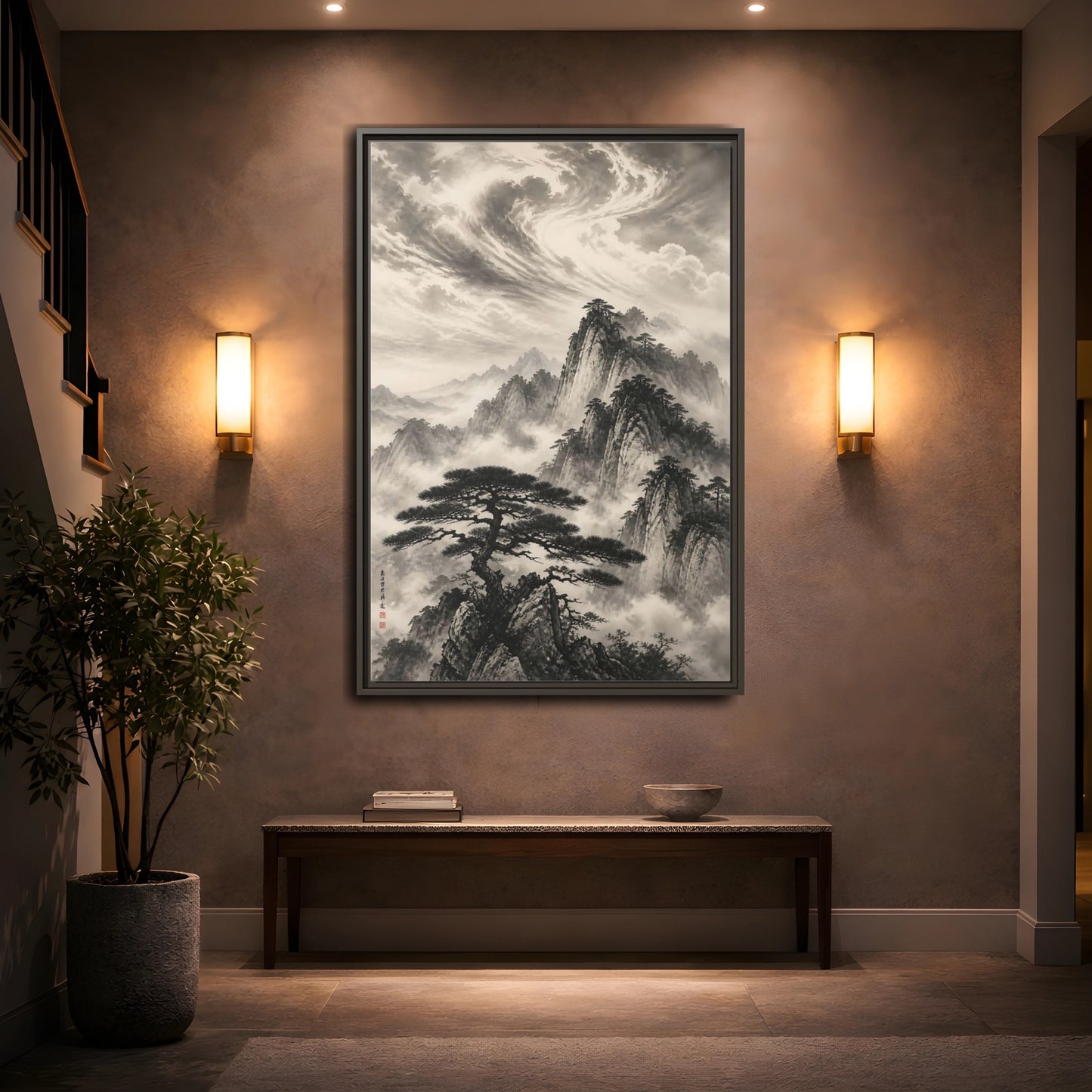 Mockup 2. Nature Mountains Monochrome Mountains shown as stretched canvas wall art