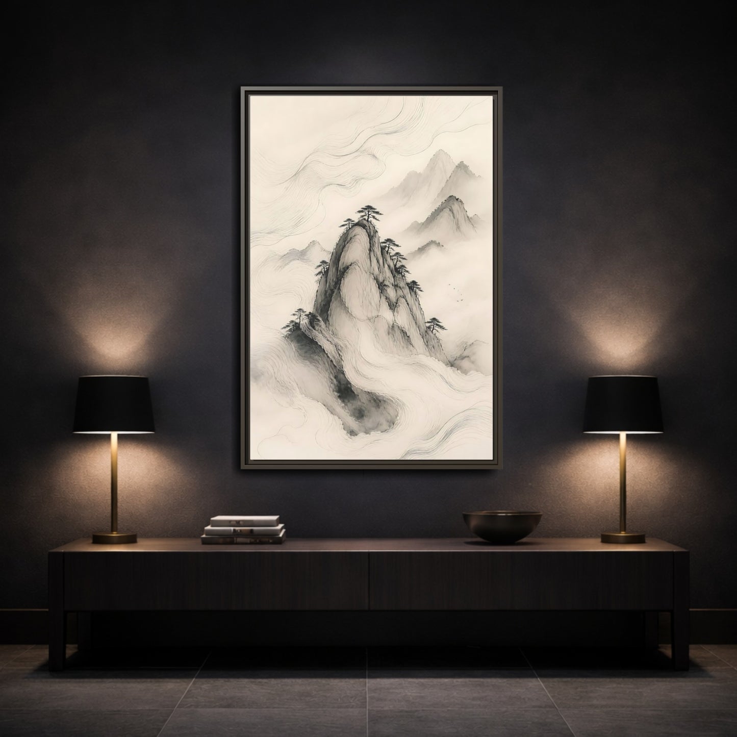 Mockup 3. Nature Mountains Monochrome Mountains shown as stretched canvas wall art