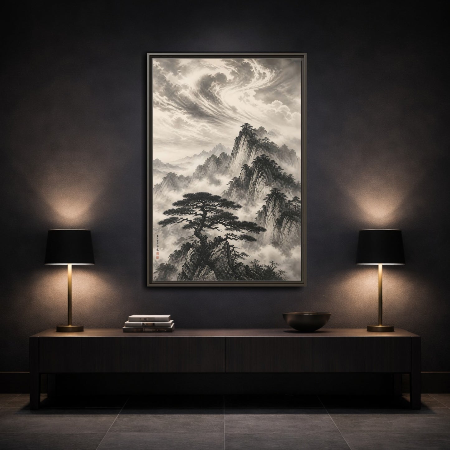Mockup 3. Nature Mountains Monochrome Mountains shown as stretched canvas wall art