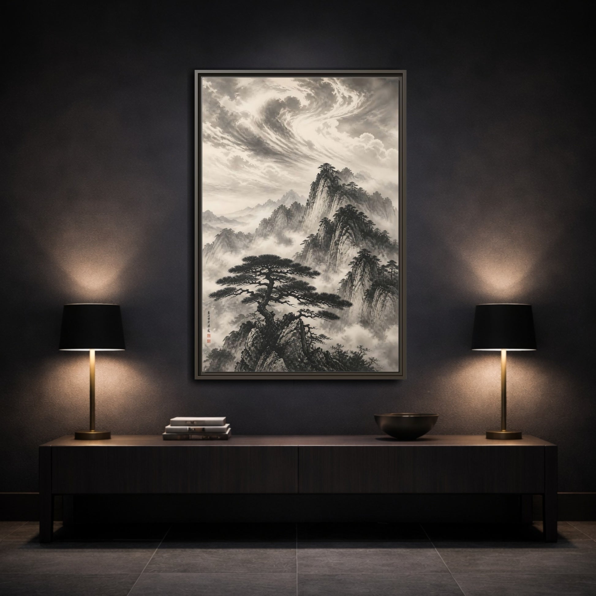 Mockup 3. Nature Mountains Monochrome Mountains shown as stretched canvas wall art