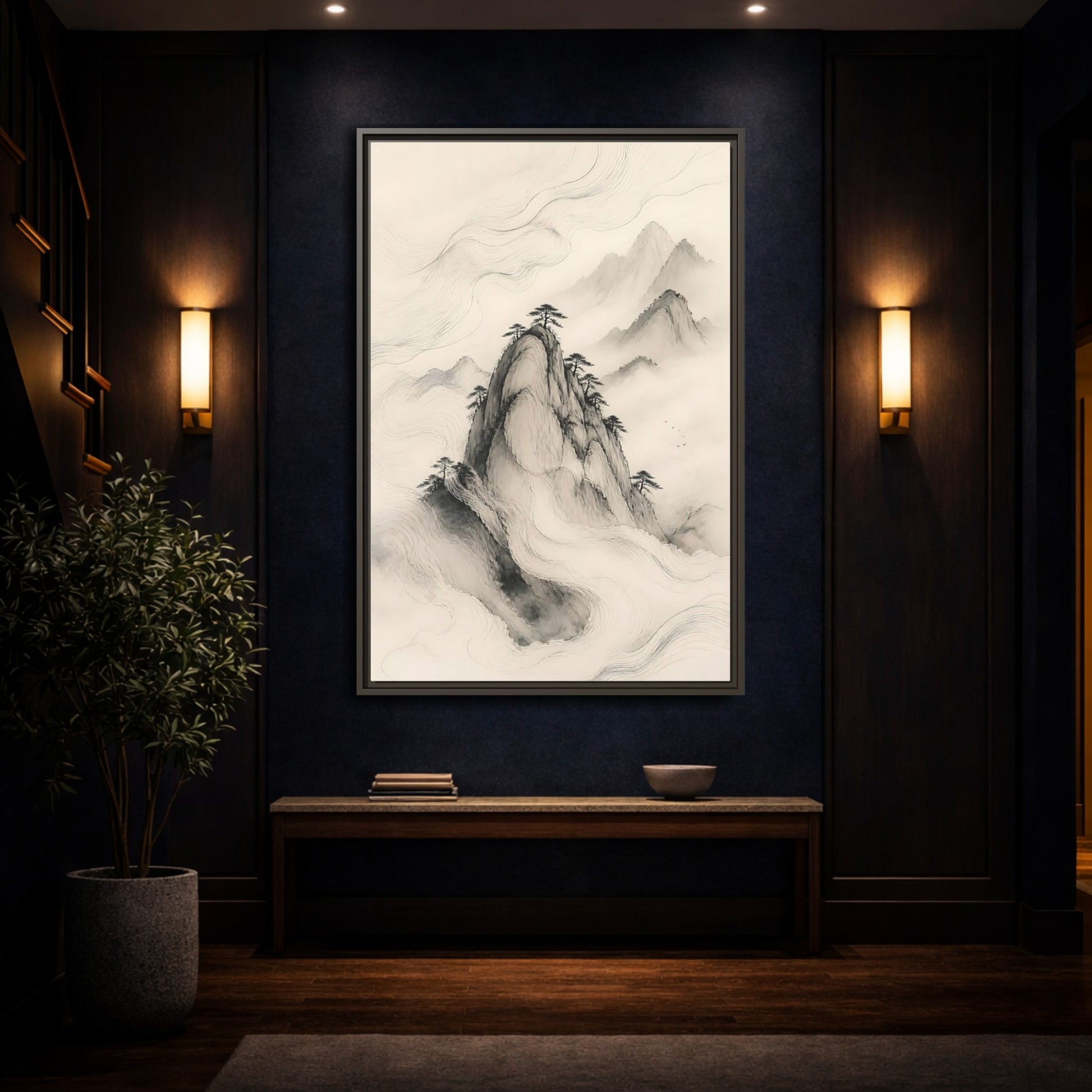 Mockup 4. Nature Mountains Monochrome Mountains shown as stretched canvas wall art
